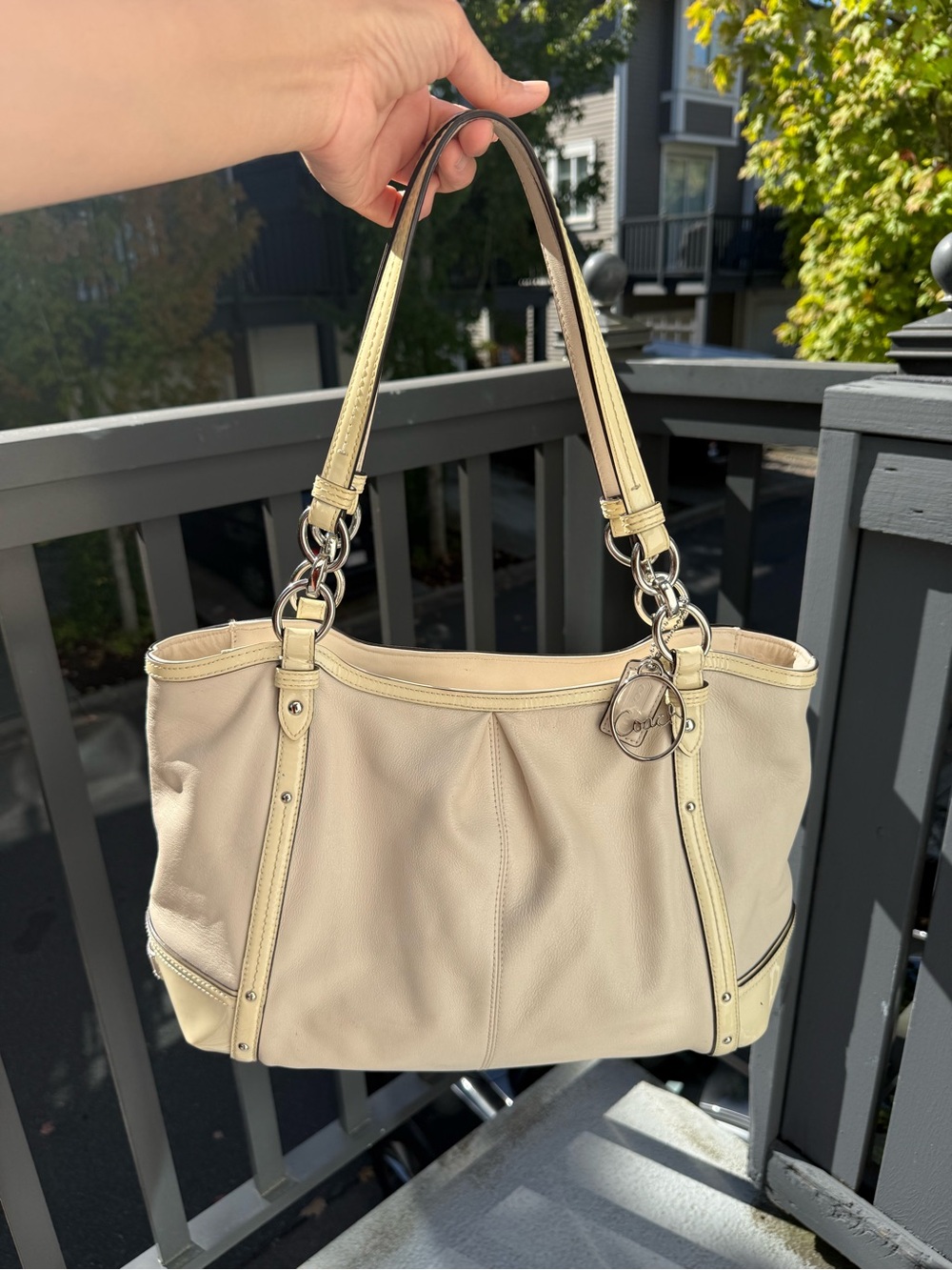 Coach Cream Leather Shoulder Bag with Silver Hardware